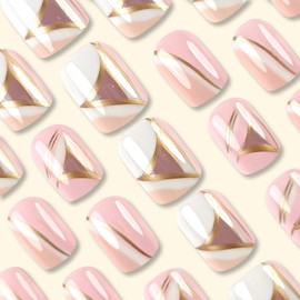 Press on Nails Short Fake Nails with Geometric Lines Designs Square Nails Press ons Glossy Glue on Nails Summer Acrylic Nails Cute False Nails Artificial Stick on Nails for Women 24Pcs