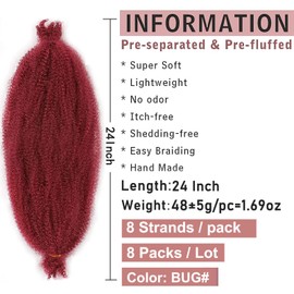 24 Inch Pre-Separated Springy Afro Twist Hair 8 Packs Wine Red Spring Twist For Butterfly Soft Locs Crochet Braiding For Women Marley Twist Crochet Braids Hair Extension (8 Strands/Pack,BUG#)