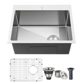 ROVOGO 20x16x9 in. Drop-in Kitchen Sink Single Bowl, 304 Stainless Steel Handmade Modern Sink Top Mount with Bottom Grid and Offset Drain, 1 Hole Sink Brushed