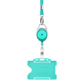 Retractable Lanyard and Badge Holder Trio Triple Pack by LanyardsTomorrow - Set Includes A Single Plain Lanyard, Extendable Carabiner Yoyo Reel Clip and Rigid ID Card Holder (Turquoise)
