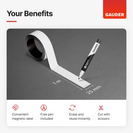 GAUDER Dry Erase Magnetic Tape | Magnetic Strips | Magnetic Labels | Magnetic Tape (25 mm x 1 m)