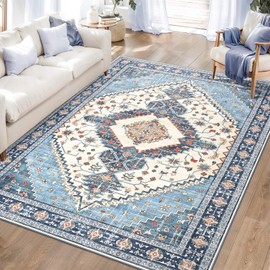 Yamaziot Washable Area Rugs 5x7 – Non Slip Boho Vintage Rug for Bedroom, Low Pile Soft Distressed Floor Carpet for Bedroom, Living Room, Dining Room, Blue