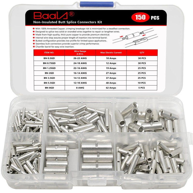 BAALA 150 PCS Non Insulated Butt Connectors Kit,26-8 Gauge Butt