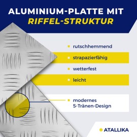 ATALLIKA Checker Plate Aluminium Quintett [300 x 300 mm, 2/3.5 mm] - Aluminium Sheet with 5 Tear Structure [Non-Slip & Weatherproof] for Outdoor and Indoor Use - Precise Sheet Metal Cut from Germany