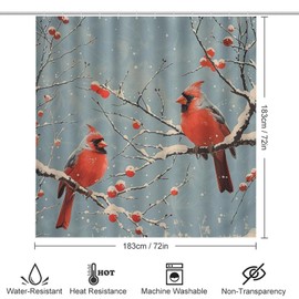 HDESDIS 4Pcs Red Birds Shower Curtain Sets, Bath Mat and Rugs, Novelty Winter Tree Branch Shower Curtain with Hooks for Bathroom