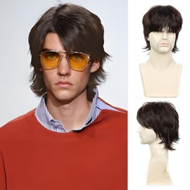 BECUS Short Brown Wigs for Men Mullet Wolf Men Hair Wig 70s Disco Punk Synthetic Wig for Daily Cosplay