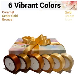 Kiran Collections-1-Inch x 60 Yards 6 Colors Brown Gold Satin Ribbon for Gift Wrapping, Christmas Ribbon, Solid Fabric Ribbon, Baby Bows, Wedding Birthdays Party Decoration, Crafting Bouquet Ribbon, 6 Rolls Assorted Colors, 10 Yards/Roll