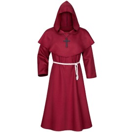 TOKYO REVENGERS Medieval Renaissance Monk Friar Priest Wizard Cloak Hooded Robe Cosplay Belt Necklace Set(Red L)