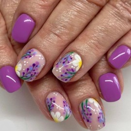 MIXFOSAHN Flower Press on Nails Short Square Fake Nails Purple False Nails with Purple Floral Designs Full Cover Stick on Nails Glue on Nails Flower Nails Acrylic Nails for Women Girls 24 Pcs