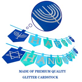 Happy Storm Hanukkah Decorations for Home, Glitter Happy Hanukkah Banner for Party, Blue Chanukah Bunting Ornaments Decor Indoor, Hanukkah Decorations Party Supplies Favors