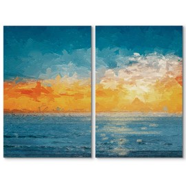 SIGNWIN Canvas Wall Art Yellow Orange Sunrise Over The Blue Sea Coastal Ocean Oil Painting Abstract Modern Scenic Relax/Calm for Living Room, Bedroom, Office - 16"x24" x 2 Panels