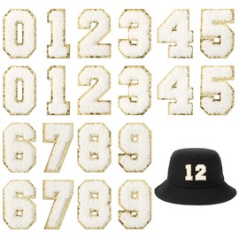 20PCS Chenille Number Patches, Iron on Numbers 0-9 Gilter Varsity Patches Embroidery Self-Adhesive White Applique for Team Jerseys Sports Football Jeans Bags Decors