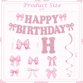 RICHHHA Glitter Pink Bow Happy Birthday Banner with Garland and Hanging Swirls Pre-Strung Happy Birthday Decorations Bow Theme Party Backdrop Sign Garland Coquette Girls Baby Party Supplies,NO-DIY