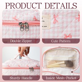 AMZMA Bow Makeup Bag Organizer, Travel Makeup Bags for Women, Quilted Cosmetic Bag for Women, Large Travel Toiletry Bag, Cute Makeup Bags for Teen Girls, Cute Toiletry Bag Organizer, Pink plaid bow,