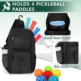 GOBUROS Pickleball Sling Bag for 4 Paddles, Pickleball Crossbody Backpack with Multiple Pockets and Hanging Fence Hook for Men and Women
