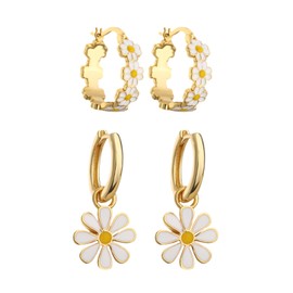 Flongo Daisy Hoop Earring for Women: Gold Sun Flower Huggie Earrings Set - Jewellery Gift for Friend Mother Daughter Girl
