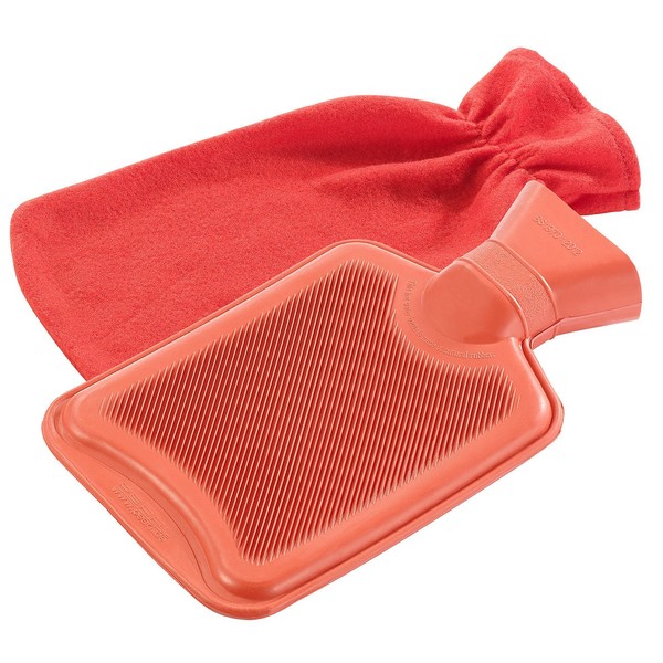 PEARL Rubber Hot Water Bottles: Hot Water Bottle Size M with Fluffy Fleece Cover, Red, 1 Litre (Bed Warmer Bottles)