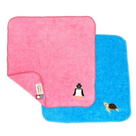 Imabari Japan Towel Handkerchief 2 Piece Set, 100% Cotton, 8.7×8.7in, Gift Kids, Penguin Pink, Sea Turtle Blue, Towel Company