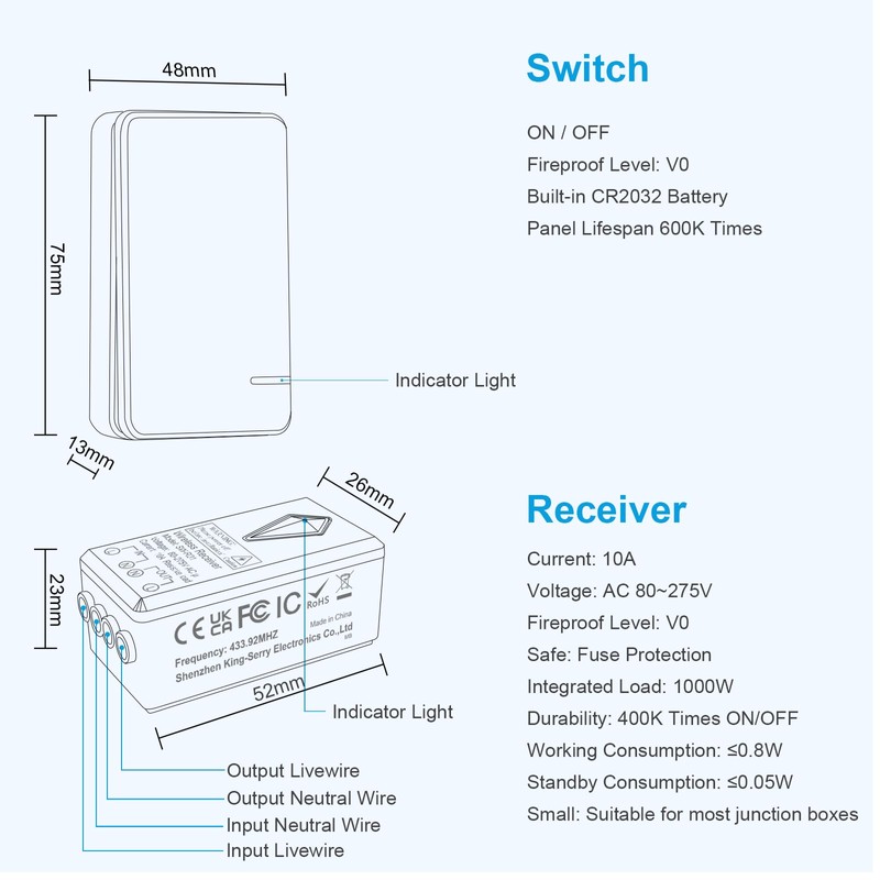 Wireless Switch, 230 V Thinkbee Wireless Light Switch Set with