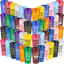 FillTouch 48 Pcs 16 oz Reusable Plastic Coffee Cups with Lids and Positive Sayings, Bulk Inspirational Gifts for Women Men Employee Coworker Staff Team Volunteer, Hot or Cold Drinks (Bright Color)
