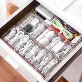 Organizador de Cables para Escritorio, Transparente Caja para Cables de Acrílico con 20 Cintas Organizadoras y 8 Compartimentos Ajustables para Cargadores y Accesorios
