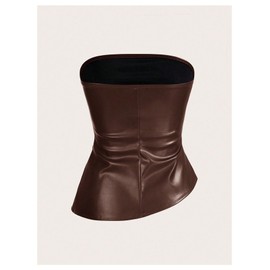SOLY HUX Women's PU Leather Tube Top Strapless Ruched Asymmetrical Bandeau Tops Rave Concert Outfit Coffee Brown Small