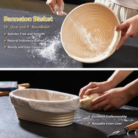 Sourdough Bread Baking Set - 10 Inch Oval & 9 Inch Round Banneton Bread Proofing Baskets with Linen Liner, Danish Dough Whisk, Dough Scraper Kit