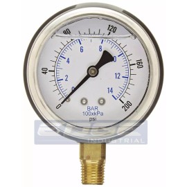 PIC LIQUID FILLED PRESSURE GAUGE 0-200 PSI, 2.5" FACE, 1/4" NPT LOWER MOUNT WOG