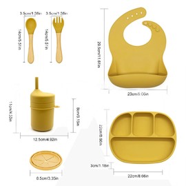 HAPPY LIFE Set de comida para bebe de silicona alimenticio LIBRE de BPA 5pz incluye babero para bebe plato con 4 compartimentos cubiertos vaso entrenador con tapa apto para microondas (Mango)