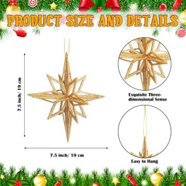 Soulchen Christmas Moravian Star Ornaments - 7.5'' Glittered Moravian Star Christmas Tree Ornaments Vintage Style for Xmas Holiday Party Decor, Home Door or Porch Garland Decorations (Gold,6 Pcs)