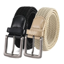 BOZEVON Casual Stretch Elastic Belt - Elasticated Braided Woven Fabric Belt For Men Women Black*1 + Khaki*1