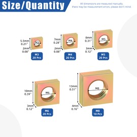 Glarks 90pcs Carbon Steel Square Nut Set M3 M4 M5 M6 M8 Yellow Zinc Plated Square Thin Nut Square Machine Screws Nut Metric Coarse Thread Assortment Kit for Furniture Construction Mechanical Equipment
