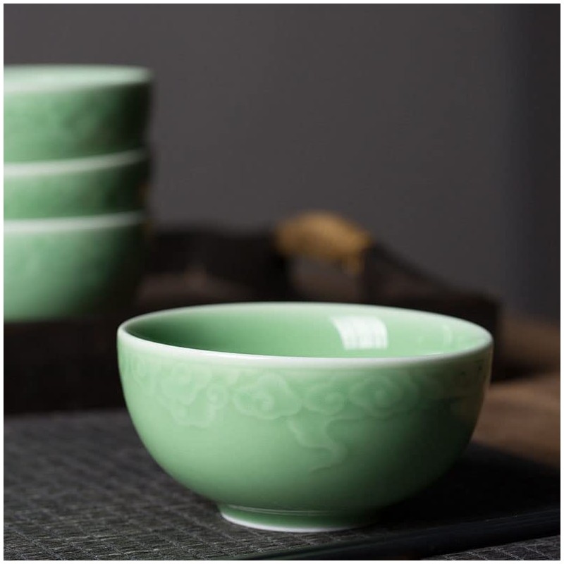 Seres Celadon Jade Green Porcelain Bowl embossed with Lucky Cloud,3