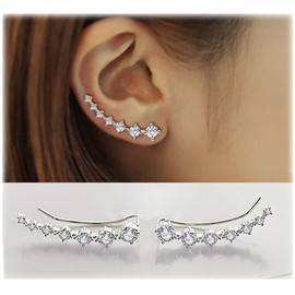 7 Crystals Ear Cuffs Hoop Climber S925 Sterling Silver Cartilage Earrings with Cubic Zirconia Piercing CZ Hypoallergenic Earring for Women