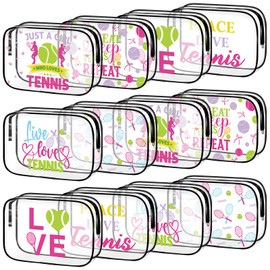 Sunnymove 12 Pcs Sport Gifts for Girls Women Makeup Bag Bulk Clear PVC Cosmetic Case Sport Goodie Bag Travel Toiletry Handbag for Team Gift Party Favors, 7.87 x 5.9 x 2.36'' (Vivid Color,Tennis)
