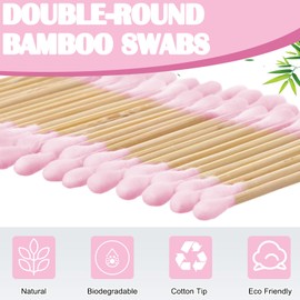 Heigble 5000 Count Bamboo Cotton Swabs Double Buds Organic Cotton Swabs with Tips for Ears Sterile Tipped Applicator Makeup Swab Daily Makeup Eye Cleaning(Round,Pink)
