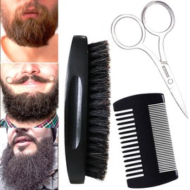 Beard Brush for Men & Beard Comb Set Scissors Grooming Kit, Natural Boar Bristles with Black Walnut Wood, Dual Action Wood Comb for Grooming Beards and Mustaches for Christmas Gift (Black)