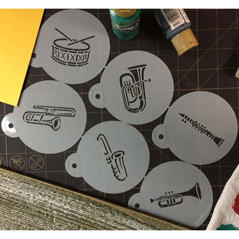 Designer Stencils C953 Marching Band Instruments Cookie Stencil, Beige/Semi-Transparent, Fits