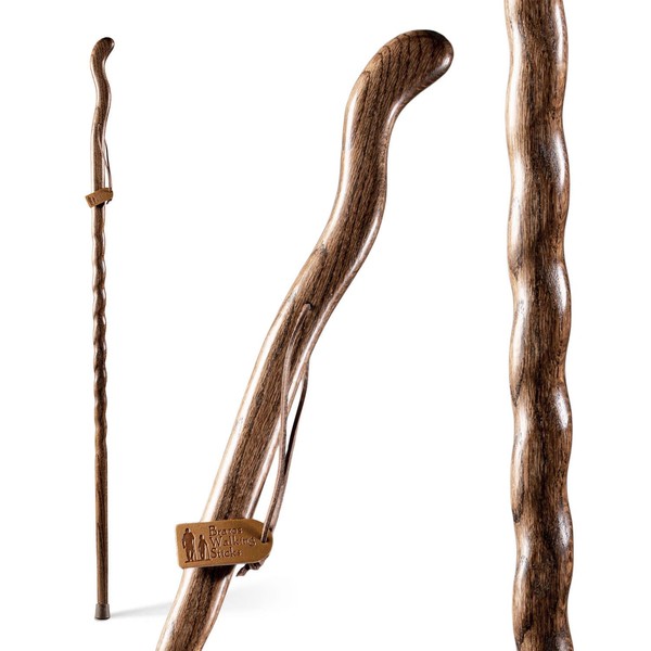 Brazos Handcrafted Wood Walking Stick, Twisted Oak, Ergonomic Style Handle, for Men & Women, Made in the USA, Brown, 55"