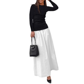 YOXUA Women's Long Sleeve Patchwork A-Line Long Maxi Dress Fall Winter Beach Maxi Dress White