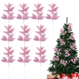 MOTONG 10 PCS Glitter Artificial Christmas Tree Pine Leaves, Artificial Christmas Leaves Picks, Artificial Pine Needles Simulated Tree Branch for Xmas Tree Wreath Seasonal Decoration(Pink)