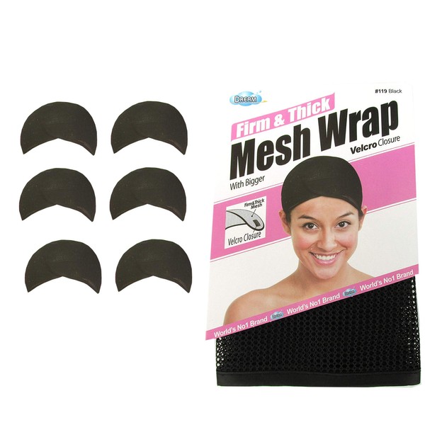 Dream, Firm & Thick Mesh Wrap with Velcro Closure (Item #119 Black) 6 pack, One size, cool mesh fabric, mesh, fabric, comfortable, soft material, velcro closure, weave, hair extension, wig cap