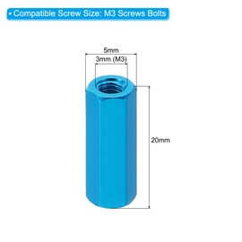 PATIKIL M3 Hex Nuts, 6pcs M3 Threaded Spacers Aluminum 20mm L Female Metal Spacer Screw Standoff for M3 Screw Bolts RC Car Drones Stacks Motherboard, Blue