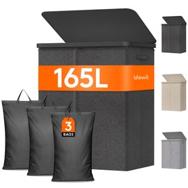 Lifewit 165L Large Laundry Basket with Lid, Laundry Hamper with Plastic Handles and Removable Bag, Foldable Tall Dirty Clothes Hampers for Laundry for Laundry Room, Bedroom, Bathroom, Dorm, Dark Gray