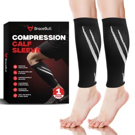 BraceBull Calf Compression Sleeves for Men & Women (1 Pair), Footless Compression Socks for Leg Support, Shin Splints, Running, Fitness, Travel, Breathable Nylon & Spandex Calf Sleeves, Black, XXL