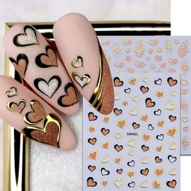 6Sheets Valentines Nail Art Stickers Gold Heart Nail Decals 3D Self-Adhesive Valentine's Day Nail Stickers Sparkly Pink Brown Love Heart Design Nail Art Supplies for Women DIY Manicure Decorations