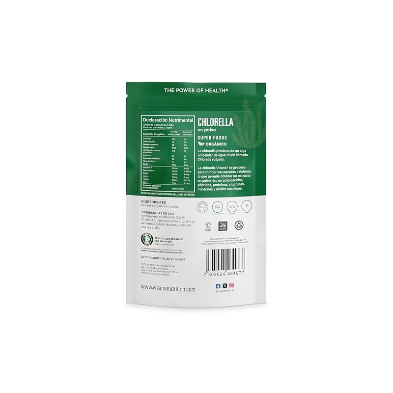 VIZANA NUTRITION | Chlorella Orgánica Certificada USDA en Polvo 100g,