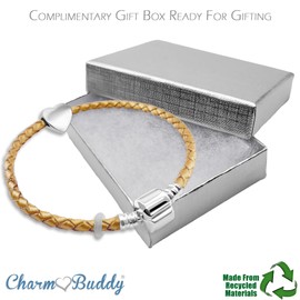 21cm Large Womens Leather Starter Charm Bracelet with Silver Heart and Gift Box valentines gifts for her (Gold Leather)