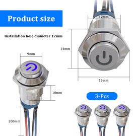 Pack of 3 Self-Locking Push Button Switch 12 mm Push Button IP65 Waterproof Push Button 12 V/24 V Round Press Button with LED Light with Wire for Horns Car Bells Cars Bell