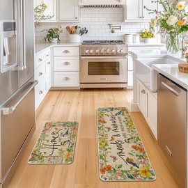 Artoid Mode Bird Flowers Home Sweet Home Spring Kitchen Mats Set of 2, Summer Home Decor Low-Profile Kitchen Rugs for Floor - 17x29 and 17x47 Inch